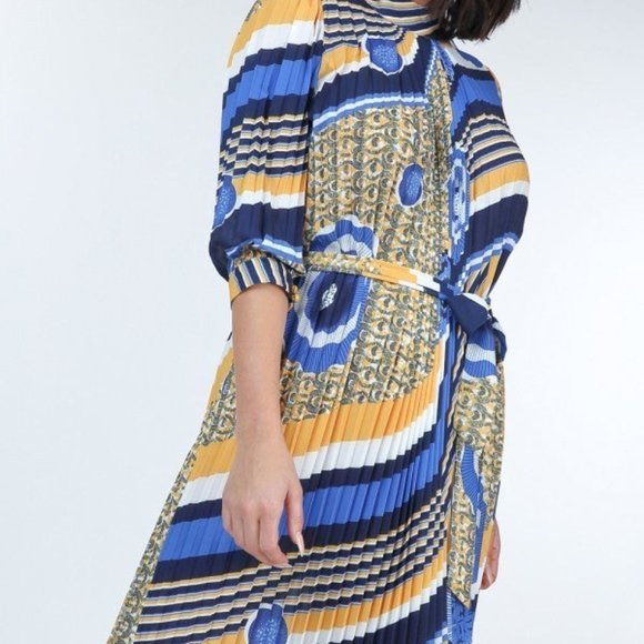 Women's Mellow Yellow Pleated Print Midi Beautiful Dress For Valentine NWT - Picture 5 of 5